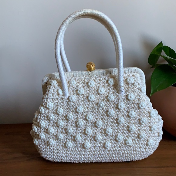 Vintage Handbags - Vintage Beaded Cream Purse/Hand Bag Italian